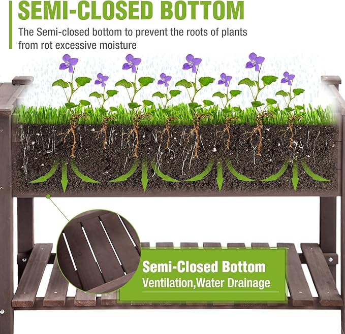 GUTINNEEN Elevated Wooden Planter Box with Locking Casters - 52.7 L x 22 W x 30 H Raised Garden Bed Removable Liner &amp 230lb Weight Capacity for Outdoor Plants