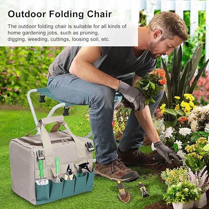 Garden Folding Stool Foldable Multipurpose Chair with Tools Storage Bag Large LIDacity for Greenhouse Fishing Camping and Travel