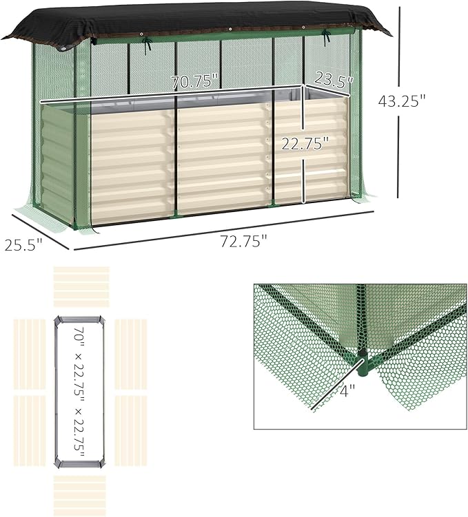 Galvanized Steel Raised Planter Container with Integrated Vegetable Cage and UV-Absorbing Shade Screen Beige Finish Premium Material