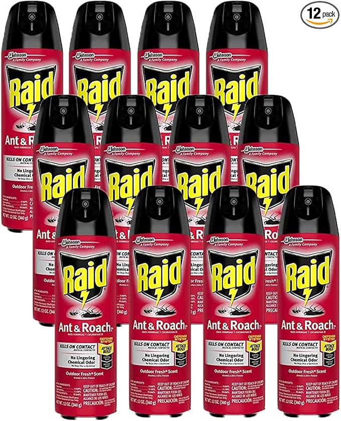 Raid Ant &amp Roach Killer Spray for Listed Bugs Insect Spider For Indoor Use Fresh Scent 12 Oz Pack of 12