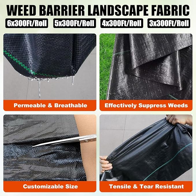 Durable PE Weed Barrier Landscape Fabric Weed Block Gardening Ground Cover Mat High Permeability for Weed Blocker Weed Mat Driveway Fabric Weed Control Garden Cloth (3x300Feet/Roll)