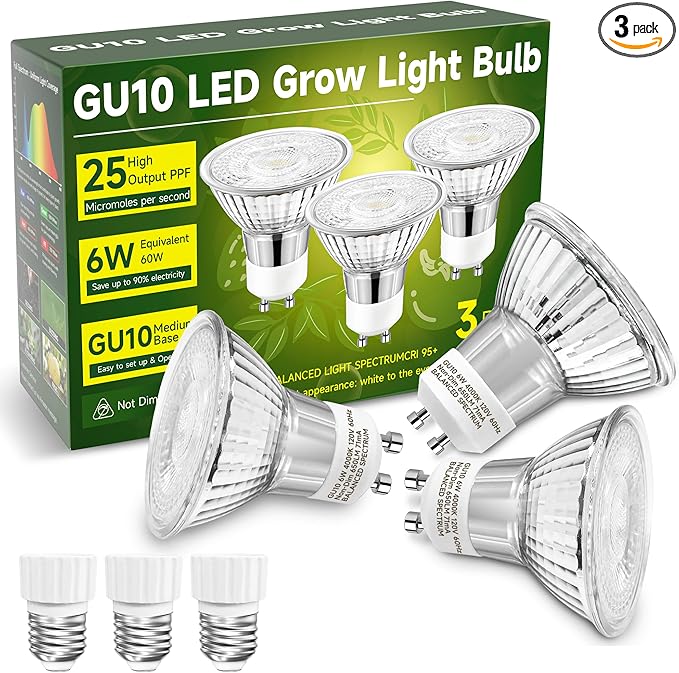 GU10 Grow Light Bulb Full Spectrum Plant Grow Lights Natural White 4000K Plant Light for Indoor Plants for Small Plant Pots 6W LED Grow Light Grow Lamp for Low Light Plants 3 Pack