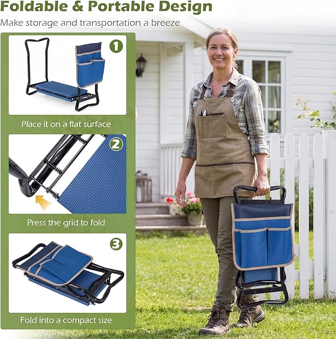 Goplus Garden Kneeler and Seat Heavy-Duty Garden Bench w/Large Tool Pouch Widen EVA Foam Kneeling Pad Portable Gardening Helper for Women Men Seniors Foldable Garden Stool for Kneeling &amp Sitti