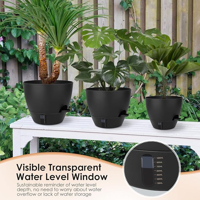 Self-Watering Plant Pots with Water Level Indicator Drainage Holes &amp Saucers – 12/10/9 Inch Large Plastic Planter Set for Indoor &amp Outdoor Plants (Pure Black)