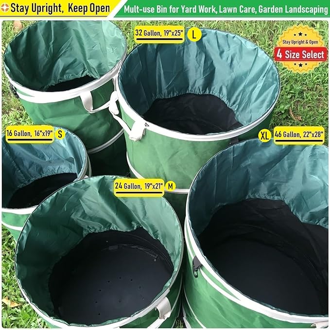 46-Gallon Collapsible Trash Can (22x28 in) Hard-Shell Bottom Yard Garden BagBig Leaf BagYard Waste BagDebris ContainerPop-Up Recycling BinCamping Waste BinLaundry HamperLawn GrassWeeds Barrel