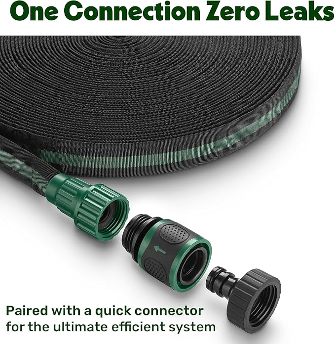 Flat Soaker Hose 50ft for Garden // Drip Hose for Garden Beds Lawns and Trees // Heavy Duty Leakproof Design with Quick Connect // Linkable Irrigation System for Vegetables and Flowers