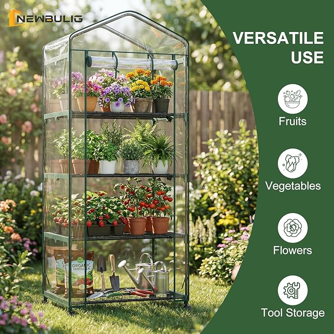 NEWBULIG Mini Greenhouse for Outdoors 4-Tier Portable Green House with Wheels and Clear PVC Cover All-Weather Plant House for Outside and Indoor27.17 x 19.29 x 65.35 Inches