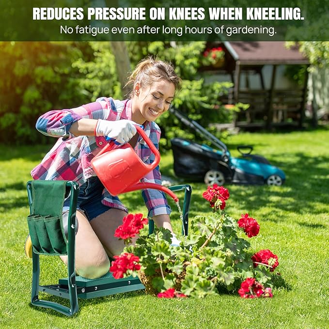 Folding Garden Kneeler Seat with Handles and 3 Tool Bag Anti-Tipping Gardener Stool Widened Thick EVA Soft Foam Kneeling Pad Portable Lightweight Gardening Kneeler Stool for Garden