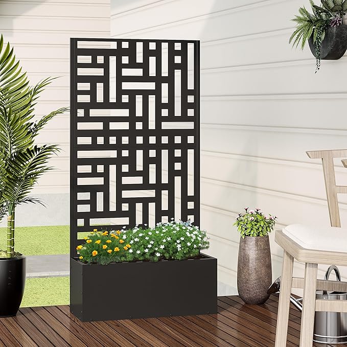Casaphoria Metal Raised Garden Bed with Trellis 59x30x12 Planter Box for Climbing Plants Vegetables &amp Vines Features Drainage Holes and Privacy Screen (Black-Helen)