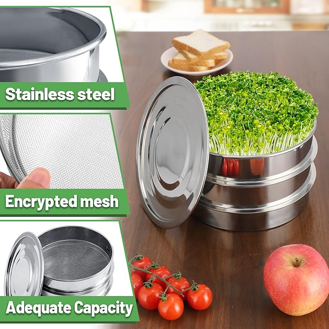 Aulock Stainless Steel Seed Sprouting Kit - 3-Tier Microgreens Growing Tray 7.9 in Dia Stackable Round Sprouter Maker with Encrypted Mesh Sprouts Grower for Beans Broccoli Alfalfa Seeds Wheat Grass