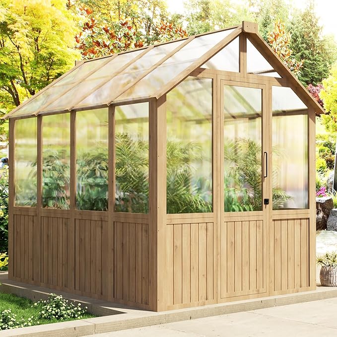EBE 6'x8' Greenhouse Wooden Walk-in Greenhouse Outdoors with Polycarbonate Panel and Adjustable Roof Vent Garden Greenhouses for Patio Yard and Backyard