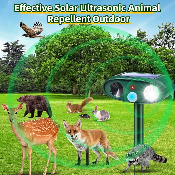 2Pack Solar Ultrasonic Animal Repellent Outdoor with Motion Detection&ampFlash LightUSB Rechargeable Waterproof Cat Repellent Outdoor Keep Deer Squirrel Rabbit Opossum Raccoon Away for Yard Garden L