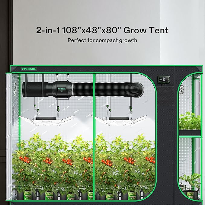 VIVOSUN D948 2-in-1 9x4 Grow Tent 108x48x80 High Reflective Mylar with Multi-Chamber and Floor Tray for Hydroponic Indoor Plant