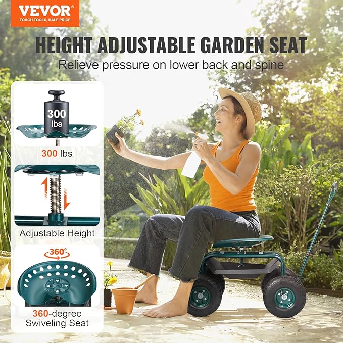 VEVOR Garden Cart Rolling Workseat with Wheels Gardening Stool for Planting 360 Degree Swivel Seat Wagon Scooter with Steering Handle &amp Utility Tool Tray Use for Patio Yard and Outdoors Gre