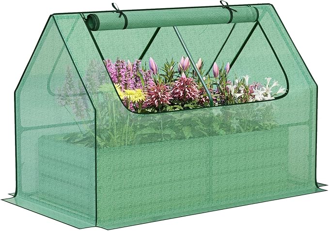 Aoodor Raised Garden Bed Kit 4x2x1 FT Galvanized Planter Box with PE Cover Screen Windows for Gardening Green
