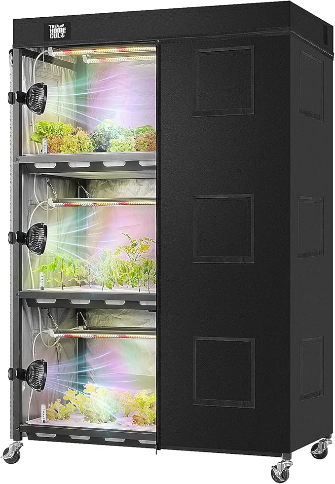 Indoor Greenhouse with Full Spectrum LED Grow Light and Tent Indoor Hydroponics Growing System with Watertight Plant Shelf Trays 3-Tier Metal Plant Stand with Wheels Microgreens Growing Kit