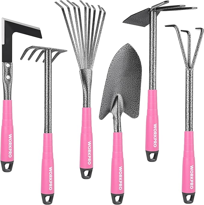 WORKPRO 6-Piece Pink Garden Tool Set Heavy Duty Gardening Hand Tools with Soft Rubber Handle Including Trowel Rakes 2-in-1 Hoe and Crack Weeder Ideal Gardening Gifts for Men and Women