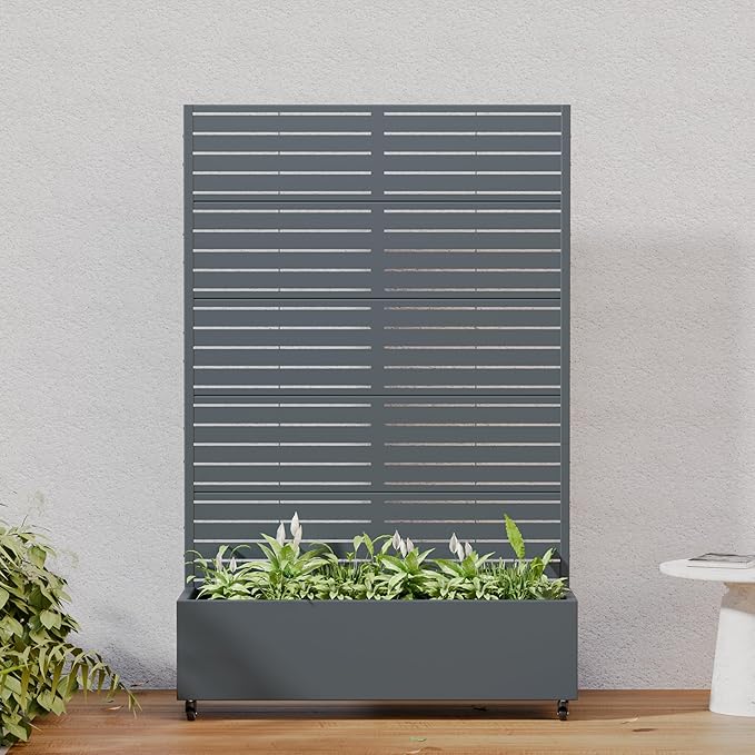Casaphoria Metal Raised Garden Bed with Trellis and Wheels 72x47x16 Planter Box for Climbing Plants Vegetables &amp Vines Features Drainage Holes and Privacy Screen Drakgrey-Louvered