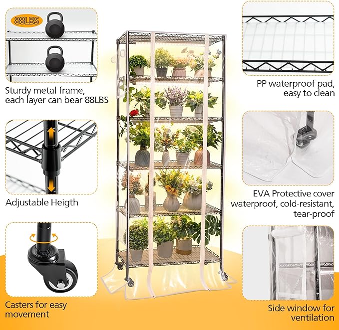 Meonum Indoor Greenhouse with Grow Lights 6 Tier Metal Plant Shelf with Cover (30 x 13.8 x 70.8) 5 Pack Full Spectrum Growing Lamps for Seed Starting Grow Rack with Timer Thermometer pH Meter