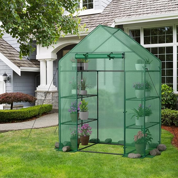 Walk-in Greenhouse Portable Plant Garden House with 4 Tier 8 Shelves &amp Zippered Roll Up Door Mini Growing House for Indoor Outdoor Garden Patio Backyard