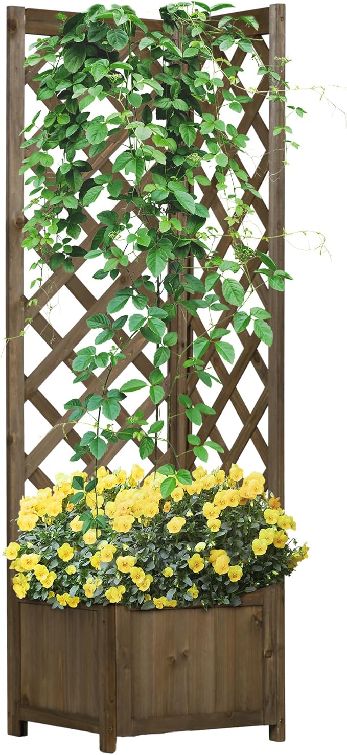 Wooden Raised Garden Bed with Trellis 57 Freestanding Corner Planter Box for Vine Plants Flowers Climbing and Planting Carbonized