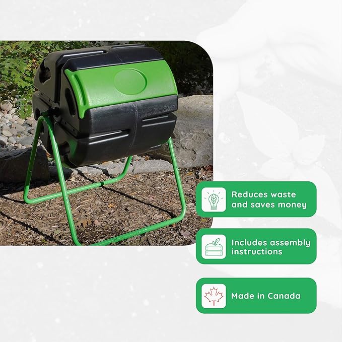 FCMP Outdoor HOTFROG Roto Single Chamber Batch Tumbling Composter - Outdoor Rotating Garden Compost Bin (HF-RM4000) Black &amp Green (37-Gallon)
