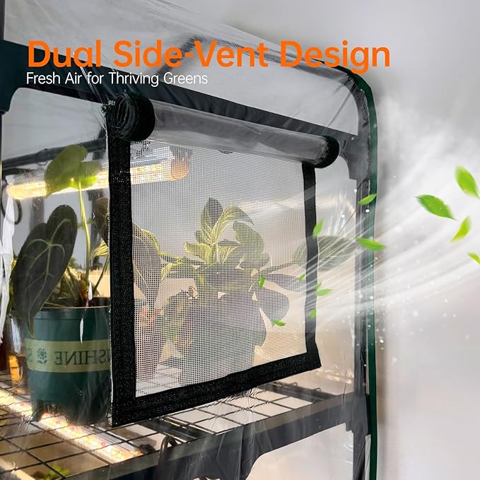 Bstrip Indoor Greenhouse with Grow Lights PVC Tent with Waterproof Base Mat Airflow Windows&ampZippered Door 4Pcs Grow Lights for Seed Starting with Timer 4-Tier Greenhouse Shelf 27.2x19.3x61.8in