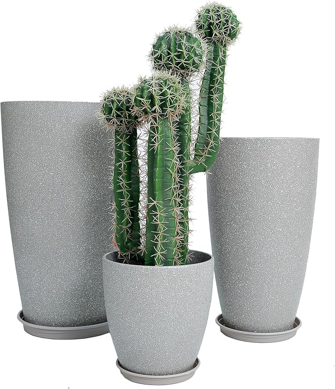 242111 Inch Large Plastic Planters with Drainage Hole and Saucer - Set of 3 Tall Plant Pots Indoor Flower Pot Tall Round Planters Outdoor Large Tall Planter