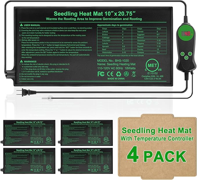Seedling Heat Mat with Thermostat Pack of 4 Dual Certified by MET and UL Plant Heating Mat Pad Equipped with A Temperature Probe It Automatically Maintains A Constant Temperature