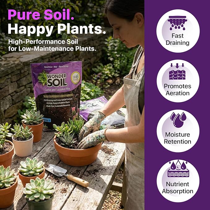 WONDER SOIL | Organic Cactus &amp Succulent Soil Mix (12 Quarts) | Fast Draining Living Coco Coir Loaded w/Nutrients | Ready to Plant Indoor/Outdoor Peat-Free Potting Soil | 3 LB Expands to 12 Quarts