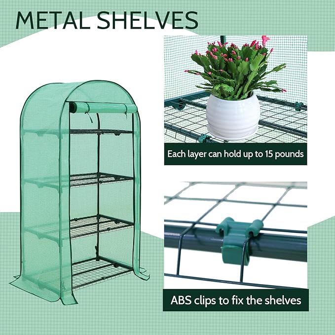 EAGLE PEAK 4-Tier Mini Greenhouse Portable Green House with Shelves &amp Weather-Resistant PE Cover Small Greenhouse for Seedlings &amp Gardening Gifts 32x18x63 in Clear/Green