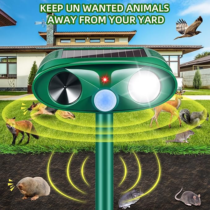 2026 Upgraded Solar Ultrasonic Animal Repellent Outdoor Cat Deer Repellent with Motion Sensor Strobe Light IP65 Waterproof Repeller Keep Rodent Squirrel Raccoon Opossum Skunk Out of Yard Farm4 Pack