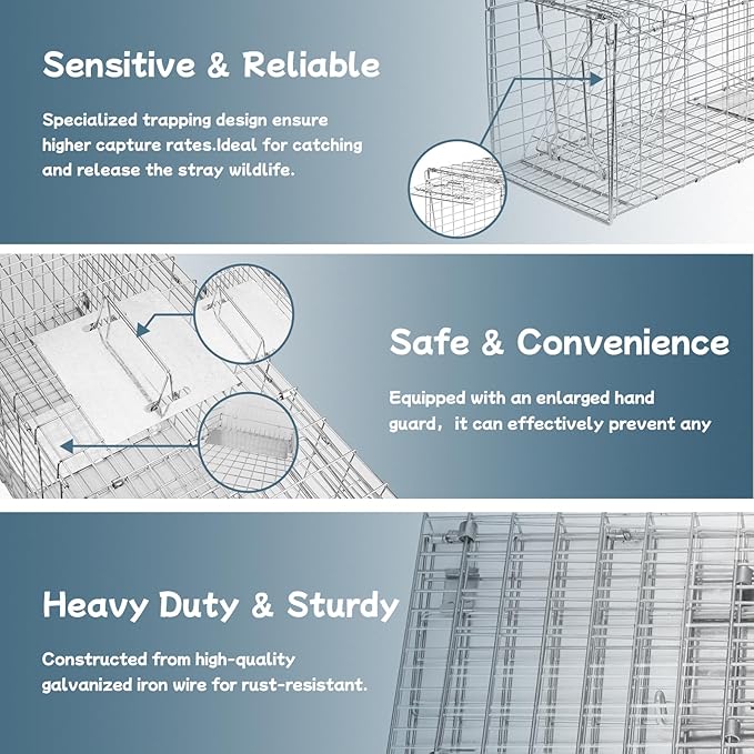 Animal Trap 24x8x7 Cage Trap Heavy Duty Folding Raccoon Traps Humane Cat Trap for Stray CatsRabbitsSquirrelsOutdoor Small Animal TrapHumane Catch &amp Release
