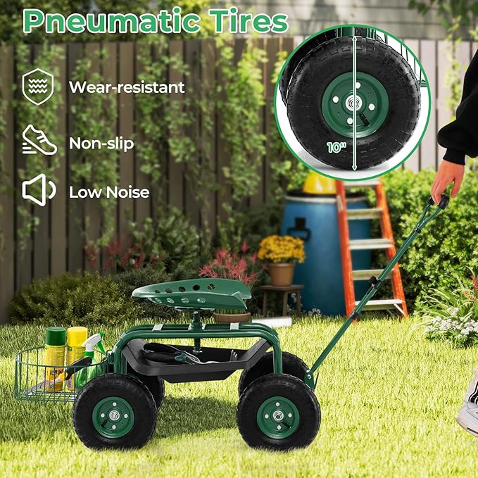 Garden Seat with Wheels Rolling Stool with Extendable Handle Storage Basket &amp Tool Tray Garden Scooter with 360 Degree Swivel Seat for Outdoor &amp Yard (Green)