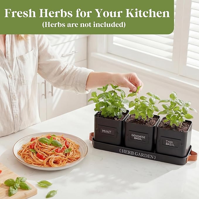 PERFNIQUE Indoor Herb Garden Herb Planter Set with Tray Farmhouse Indoor Plant Pots Windowsill Herb Garden with Drainage(Planter only) for Indoor/Outdoor Window Pots(Matte Black)