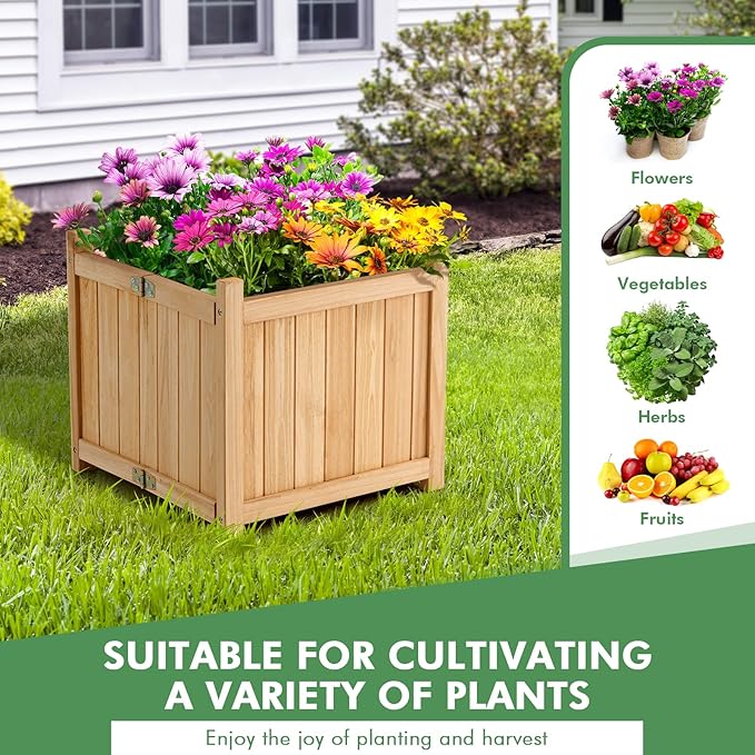 S AFSTAR Outdoor Wooden Planter Box Folding Raised Garden Bed W/Drainage Hole Patio Square Plant Container for Flowers Vegetables Fruits Herbs Collapsible Planting Box for Yard 15 x 15 x 14