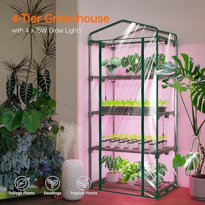 Bstrip Indoor Greenhouse with Grow Lights 4 Tier 27.2 L×19.9 W×61.8 H Mini Greenhouse with Zippered PVC Cover for Seed Starting Trays Dimmable 2FT 60W Plant Light for Indoor Plants with Timer
