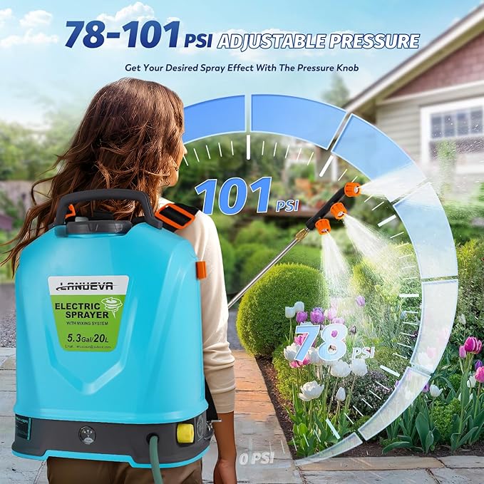 LANUEVA 5.28 Gal/20L Battery Powered Sprayer with Mixing System 78-101 PSI Adjustable Electric Backpack Sprayer with Six Mist Nozzles&ampTelescopic Wand Weed Sprayer for Lawn Garden Home Cleaning