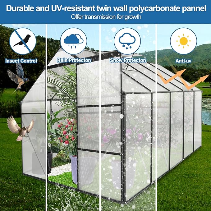 6x10 FT Polycarbonate GreenhouseHeavy Duty Walk-in Garden Plants Green HouseAdjustable RoofRaised Base and Sliding Door for Outdoor BackyardEasy to InstallBlack