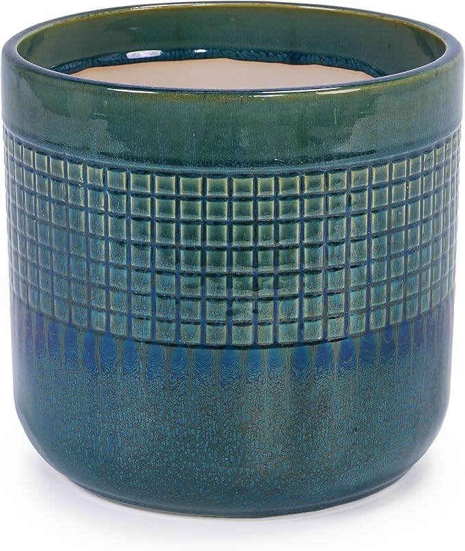 Handmade Green Glazed Ceramic Planter Set of 3 10 8 6 Diameter Square Grid Pattern for Succulents Herbs IndoorOutdoor Shelf Table Use Breathable Clay with Drainage Holes
