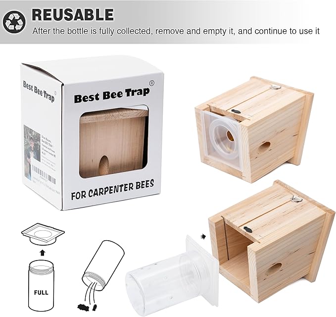 Carpenter Bee Trap for Outside - Pentroof Style Nature Hanging Wood Carpenter Bee Traps Outdoor - Best Bee Trap - Insect Traps with Removable Vault (2 Pack)
