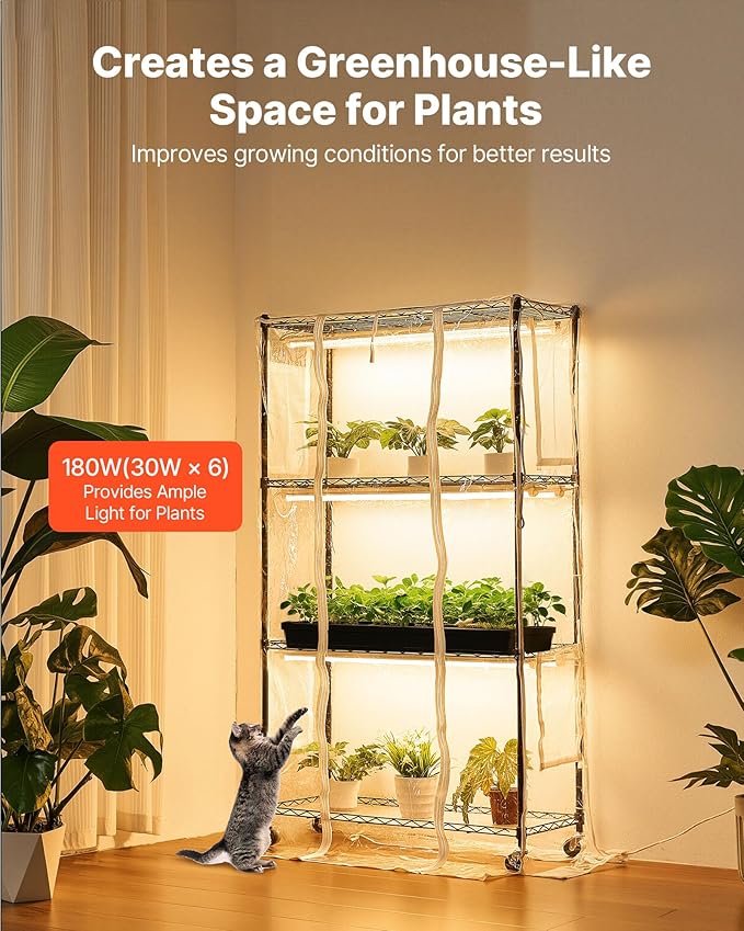VEVOR Indoor Greenhouse with Grow Light 59 in Tall 4-Tier Plant Stand with Clear Cover Timer &amp Hygrometer 180W Full Spectrum Grow Lights Metal Lighted Plants Shelf Holder for Indoor Plants