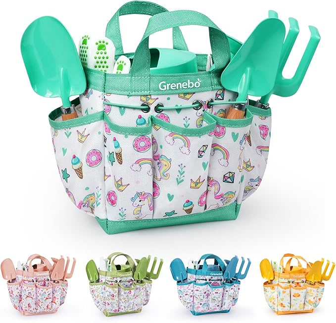 Kids Gardening Set ToysIncludes Metal TrowelTransplanting ShovelGarden hatRakeApronGlovesWatering Canand Tool Organizer Bag (Lake Green)