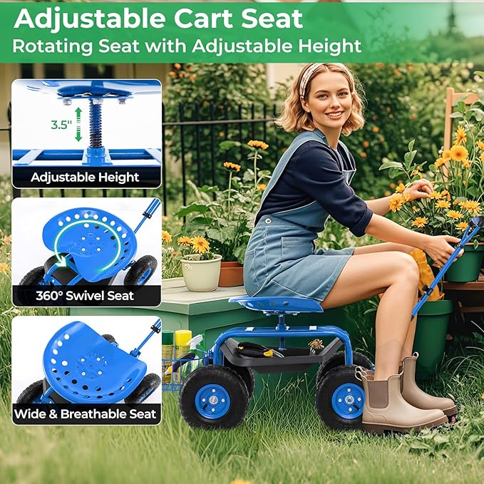 Garden Seat with Wheels Rolling Stool with Extendable Handle Storage Basket &amp Tool Tray Garden Scooter with 360 Degree Swivel Seat for Outdoor &amp Yard (Blue)
