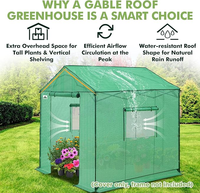 EAGLE PEAK Replacement Cover for 8x8 Gable Roof Pop up Greenhouse Front and Rear Roll-Up Zipper Entry Doors and 2 Large Roll-Up Side Windows (Frame Not Included) Green