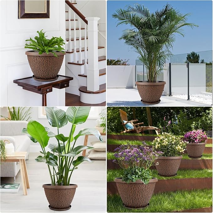 4 Pack Flower Pots Outdoor 10 Inch Plant Pot with Drainage Hole &amp Tray Thickened Plastic Planters for Indoor Outdoor Plants Lightweight Brown Decorative Garden Pot with Saucer