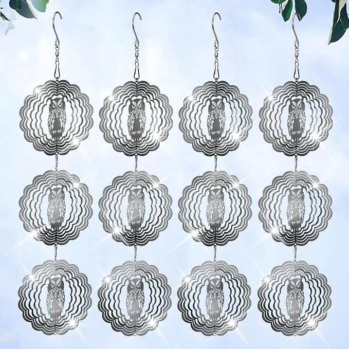 Owl Bird Deterrents for Outside3D Stainless Steel Wind Spinners Outdoor DecorReflective Bird Scare Discs SetShiny Bird Reflectors to Keep Woodpecker Pigeon Away from House Patio Yard Porch