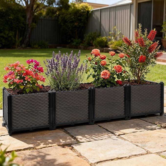 Large Raised Planter Box Outdoor Self Watering 62.9x15.7x14.2  Deep Raised Garden Bed - Elevated Garden Box with Drainage Plug Rectangular Garden Planter Perfect for Patio Balcony Deck