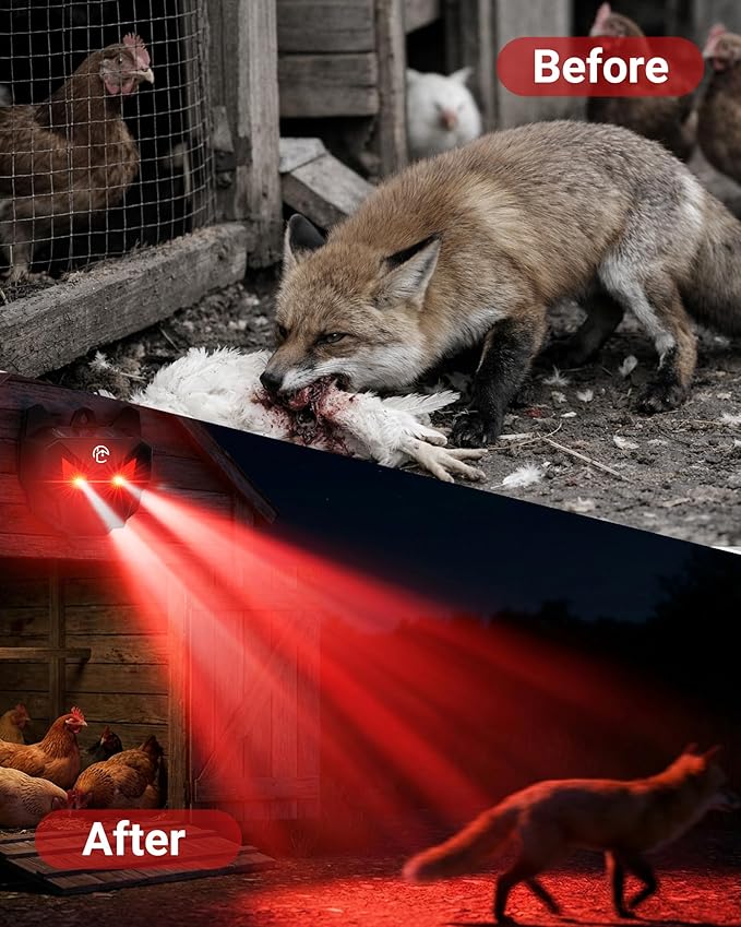 Solar Coyote Deterrent Predator Lights - Nocturnal Animal Repeller with Red LED Flashing Lights for Chicken Coop Yard &amp Garden Protection Against Raccoons Foxes Deer Skunks Hawks