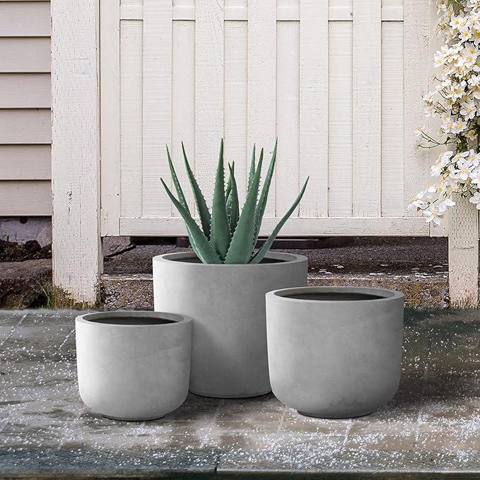 Kante 13119 Dia Natural Concrete Round Planters (Set of 3) Outdoor Indoor Modern Planter Pots Lightweight Weather Resistant Seamless with Drainage Hole